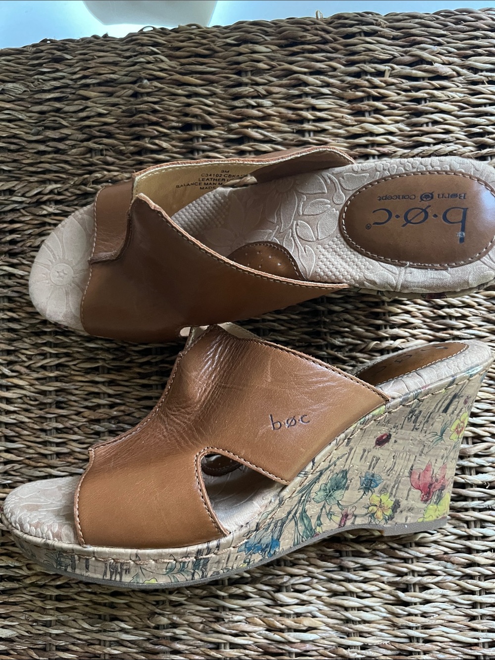 boc Tan Leather Cork Wedge Sandals with Floral Print Platform